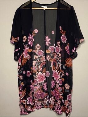 Maurices Sheer Floral Flutter Sleeve Kimono Cover Up Women 0X Black Pink Orange